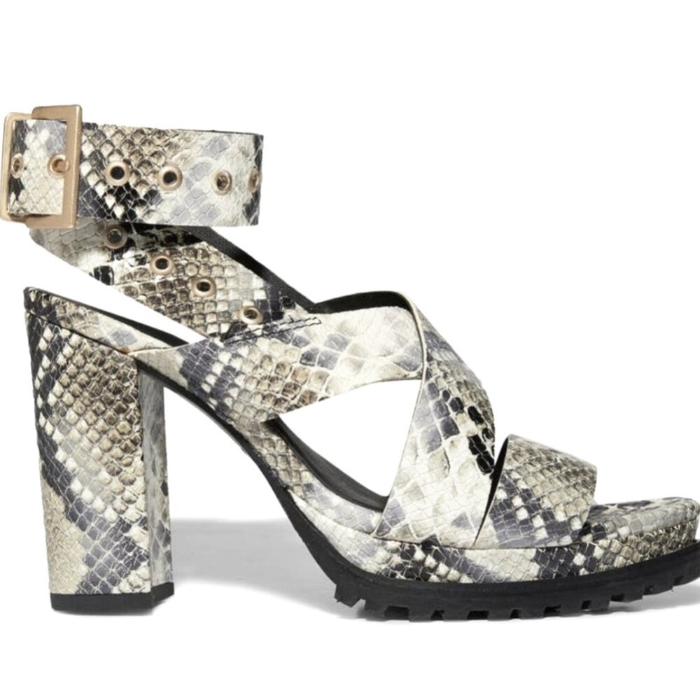 AllSaints Python-Print Ankle-Strap Sandals in Black, Cream